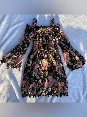 emily west Black Floral Off-Shoulder Dress with Pink & Yellow Blooms